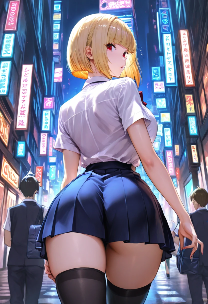(Best quality, 8k, 32k, Masterpiece, UHD,:1.2),RAW, 1girl,ultra cute , natural lighting,transparent shining eyes, 20yo ,fair complexion, , ((school uniform, mini skirt)), Shibuya station intersection、Many passersby:1.3), From Behind, ass focus, ass Closeup, show off panties, panties shot