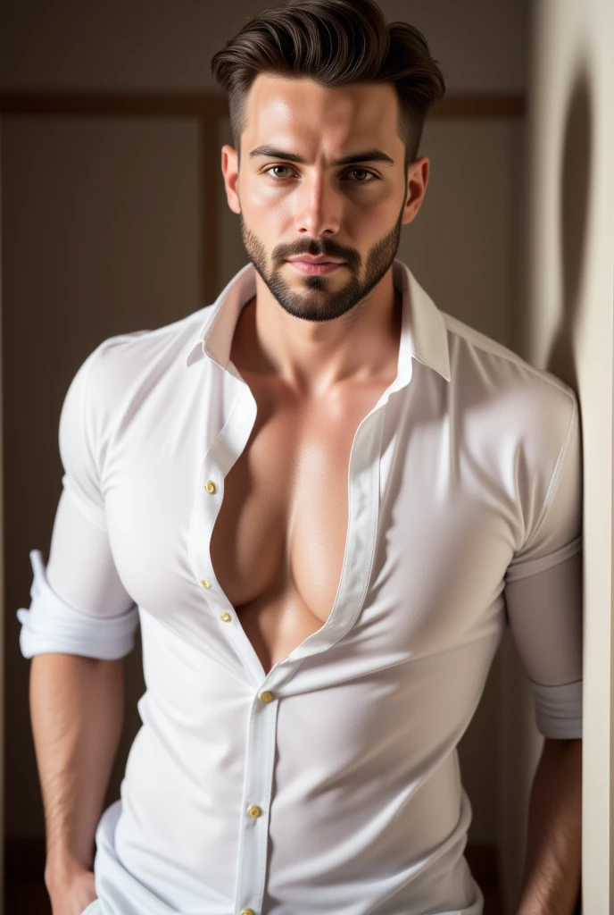 A man doubling over with a half open satin shirt, front view, showing his collar bones