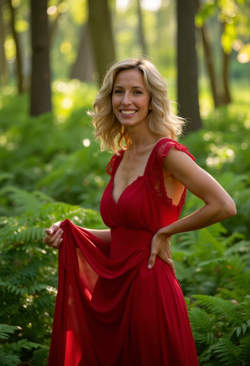 Beautiful blonde woman XL size 40 years XL with big breasts in a dress with a big neckline