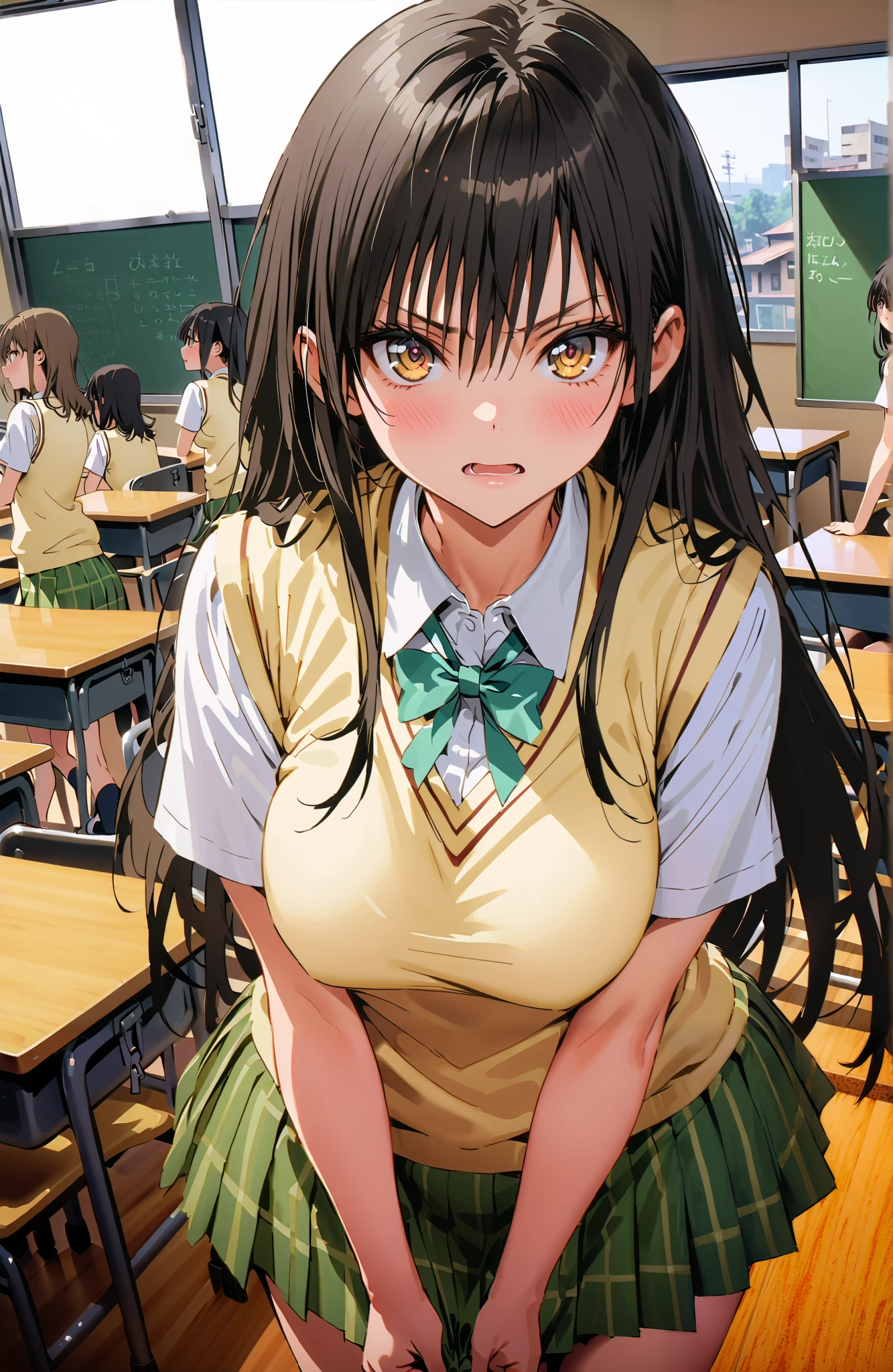 Yuikotegawa,  Yui Kotegawa , Alone,black hair, brown eyes, long hair,Big Breasts,
green skirt, thigh plaid, thigh plaid skirt, sainan high school uniform, school uniform, skirt, sweater vest,  yellow sweater, Short sleeve, black high socks,standing,skirtタグ , eyelashes skirt tug,skirt,Lift of the Wind ,angry,embarrassing,blushes,open their mouths, machine,chairs, blackboard ,angle from below,full bodyがイラストに入るように,break indoors, classroom,
break looking at viewer,full body,
break (masterpiece:1.2),top quality , kampala, Unity 8K Wallpaper ,(shape:0.8),(  fine, beautiful eyes  :1.6),It's a person ,full body写真,CG Details , (perfect hands,complete anatomy),
