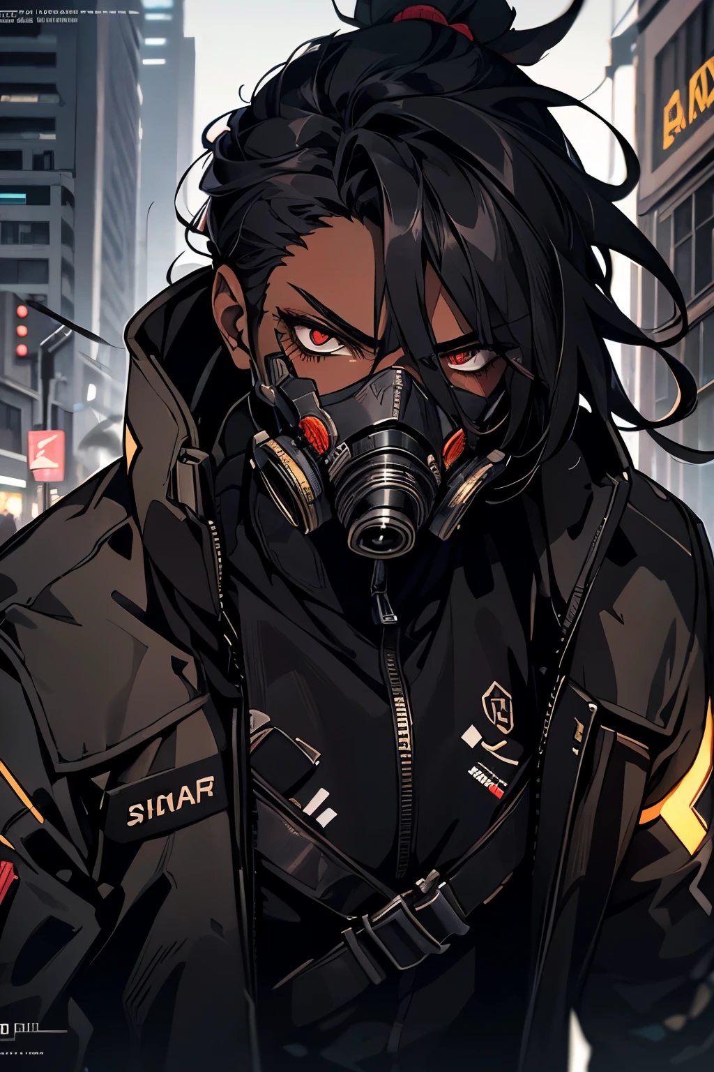 20 year old male, dark skin tone, ebony skin, long wavy black hair, Maori, cyberpunk outfit, tribal tattoos, gas mask, realistic portrait, high quality portrait, close-up figure, serious facial expression, intense gaze, dramatic pose, detailed tribal tattoos, shiny metallic cyberpunk outfit, futuristic urban industrial setting, neon lights, smoke clouds, dramatic lighting, conceptual digital style, detailed digital painting, 8K, HDR, ultra-detailed, physical-based rendering, full body