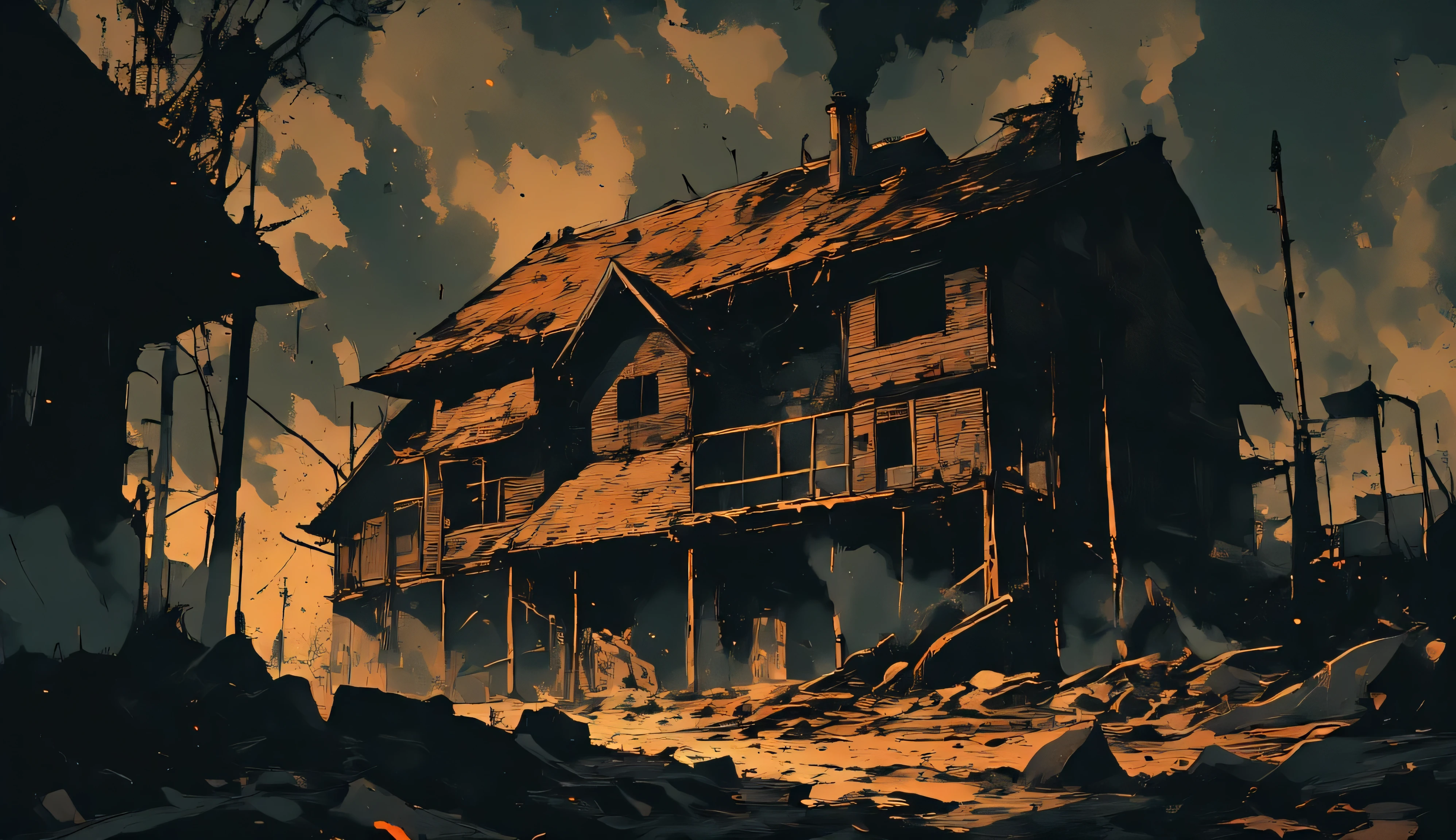 A medieval house reduced to charred ruins, wisps of smoke rising in the cold morning air. The golden dawn breaks through the destruction, casting long shadows over scorched wood and blackened stone. The atmosphere is eerie yet serene, with embers still glowing faintly. Cinematic realism, ultra-detailed, dark fantasy, inspired by The Witcher 3 cutscenes