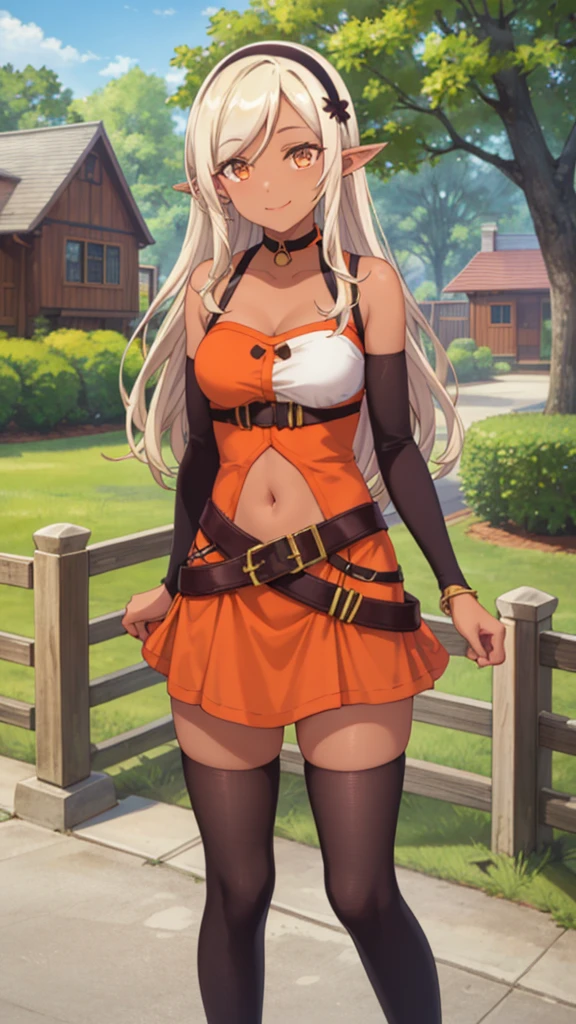 masterpiece, best quality, sygCynthia, hair bun, hairband, grey jacket, red sweater, clothing cutout, black pants, cowboy shot, looking at viewer, smile, sky, mountains, clouds, navel, (keyhole_cleavage)