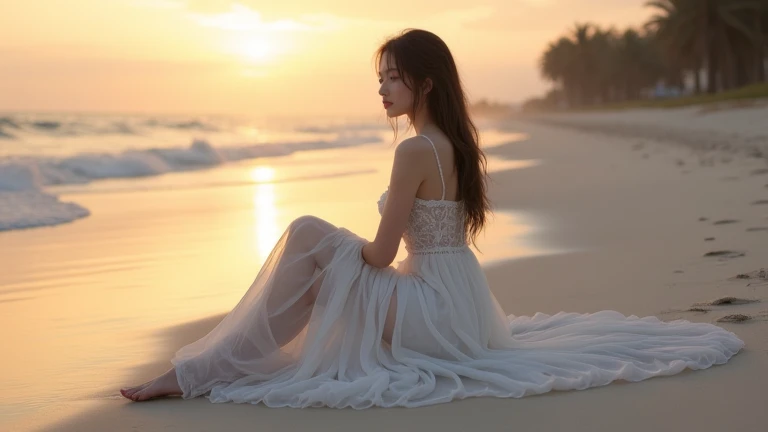 1girl in a white summer dress, beautiful detailed eyes, beautiful detailed lips, extremely detailed face, long eyelashes, walking on a white sand beach, sunset sky, vibrant colors, dramatic lighting, cinematic composition, (best quality,4k,8k,highres,masterpiece:1.2),ultra-detailed,(realistic,photorealistic,photo-realistic:1.37),cinematic lighting,golden hour,vivid colors,highly detailed,intricate details