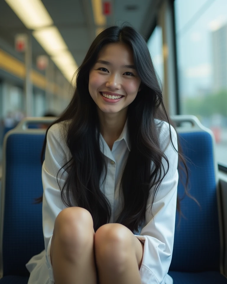highest quality, masterpiece, Ultra-high resolution, (Reality: 1.4), Original photo, One girl, mature, White JK Uniform, happy smile, , squatting on seat in train,  Cinema Lighting