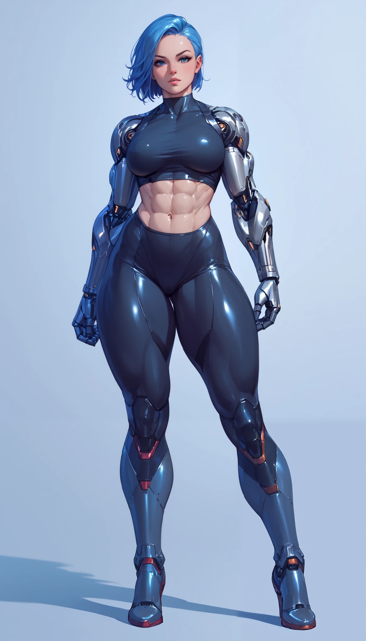 a female cyborg, big breasts, muscular body, body made of sexy mechanical parts, chrome plated metallic body, big metallic biceps, wearing (sports bra 1.2) and (spandex shorts1.2), short silver bob cut hair, white wall in background, full body shot