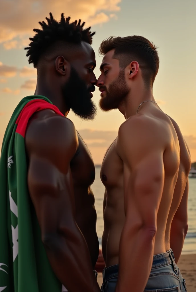 Young muscular white man in tight wetsuit bulg fights against muscular black man on the beach 