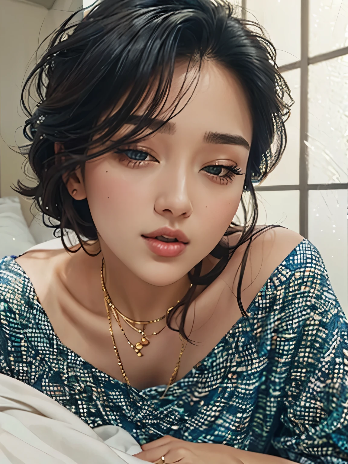 Amazing portrait of a woman who is 30 years old and an adult and a sexy woman wearing an off shoulder oversized t shirt during night time with soft lighting showcasing her lips and her beautiful face in detail and close up lying down on bed