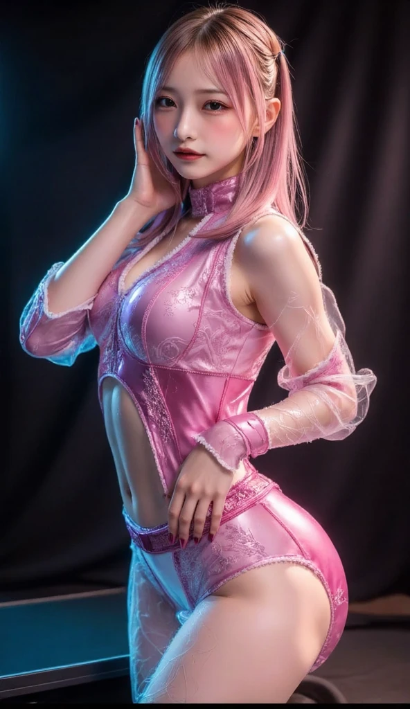 photo of Meowko, RAW, beautiful woman, ((portrait)), ((detailed face:1.2)), ((detailed facial feature, detailed skin, glossy lips, shiny luscious lips, clear skin), (long candy red hair, straight hair, bangs, Candy fuchsia hair, bright pink hair: 1.55), (slender body, narrow waist, narrow hips, skinny body, huge breasts), revealing clothes, (wearing loincloth, Transparent cloth, wet clothes, intricate outfit,embroidered outfit, ornate outfit, intricate cloth, embroidered cloth, ornate cloth: 1.4), (future city streets: 1.15), (realistic photo, best quality, detailed), (8k wallpaper), (cinematic lighting, beautiful light, (day:1.3)) (sharp focus, intricate)