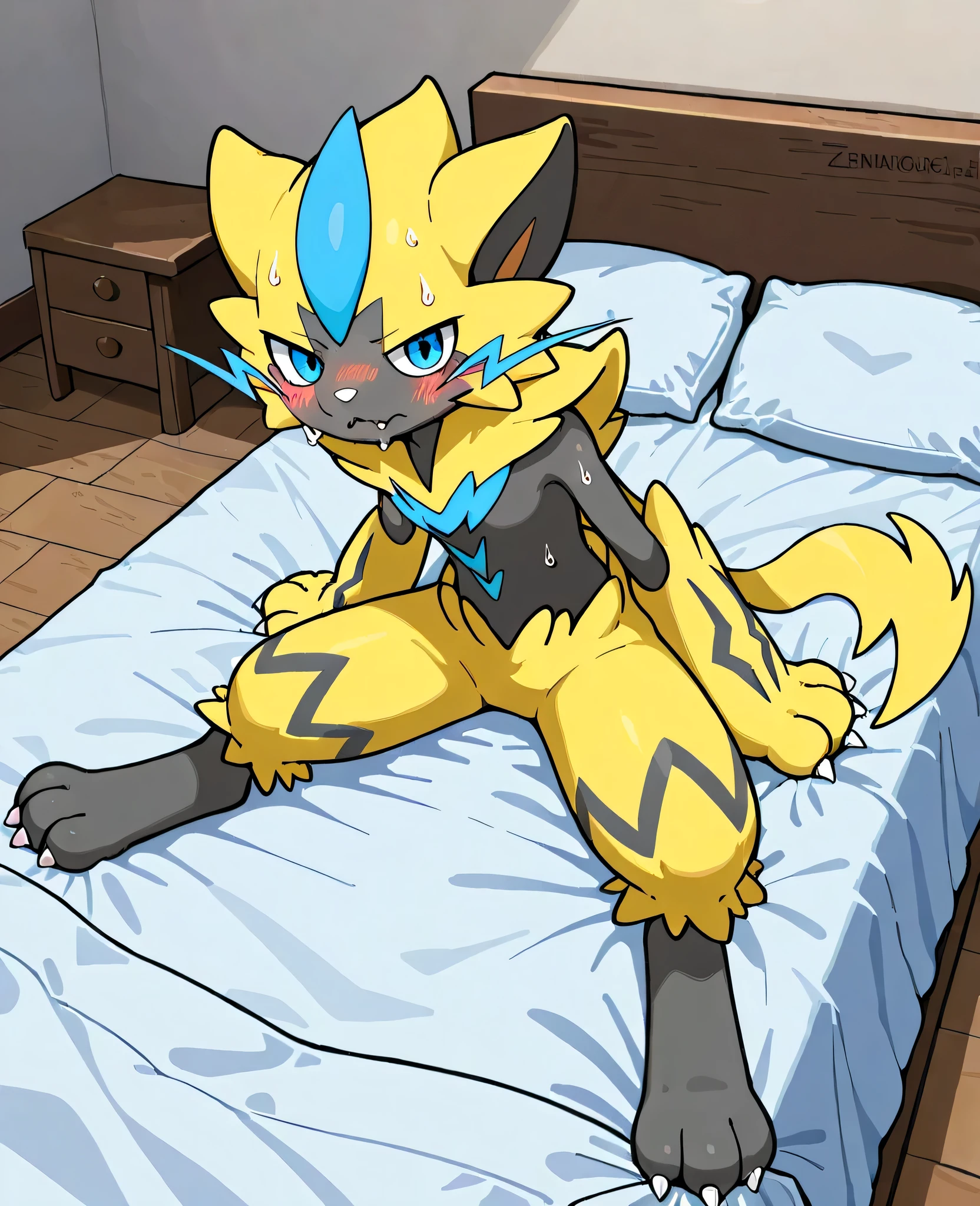 score_9,score_8_up,score_7_up, score_6_up, score_5_up, source_anime, kemono style, flat colors, Anthro, female zeraora pokemon, naked, breasts, nipples, pov, pov blowjob, she is sucking viewers cock, cumming in her mouth, lots of cum, she is shocked, looking down at penis