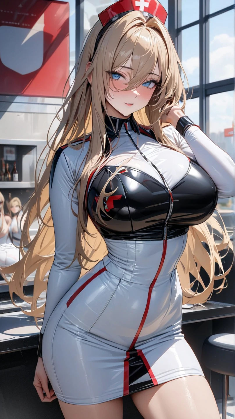 Erotic Anime Illustration、Anime Style、highest quality、cyber punk、Small office、Voluptuous female soldier、Perfect proportions、Very large breasts、Thick legs、Erect nipples、Cowboy Shot、Split squats