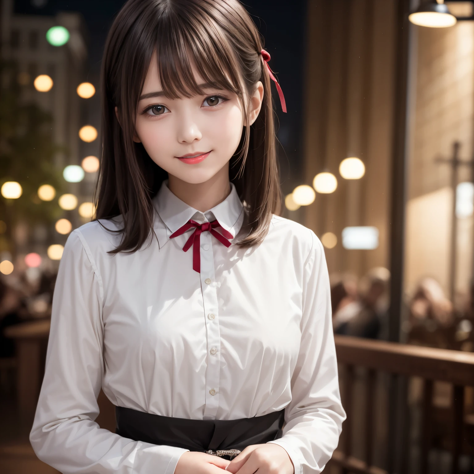 (Very exquisite and beautiful: 1.2), 1 girl, bangs, blurry background, ribbon, black hair, facing forward, hair between eyes, droopy eyes, hair ribbon, light particles, long sleeves, looking at the audience, medium-length hair, night, red ribbon, upper body, smiling, red lips