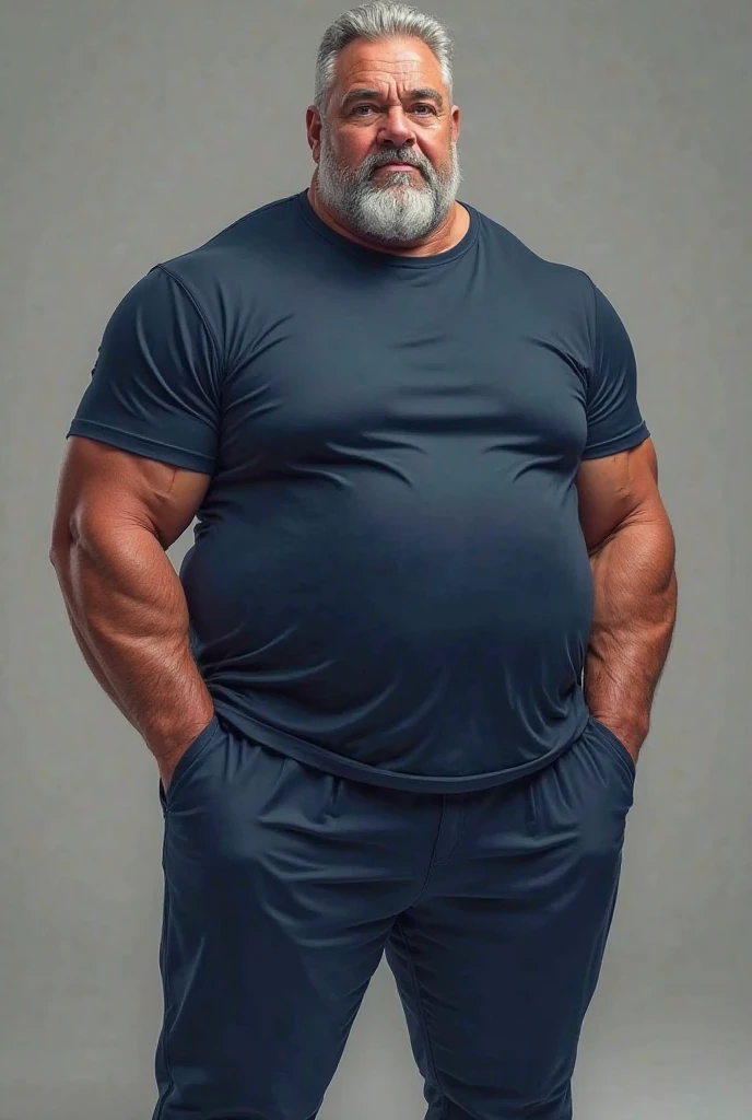 a smiling obese old man, ((chubby:1.2, big fat, huge belly, massive fat, massive obese)), pectoral, detailed realistic portrait, 8k high resolution, topless, sumo physique, side view, perfect center, full view, realistic skin texture, wrinkled face, short hair, thick mustache, white hair, bearded, jovial expression, huge belly, fat, wearing shorts, high detail, masterpiece, (best quality,4k,8k,highres,masterpiece:1.2),ultra-detailed