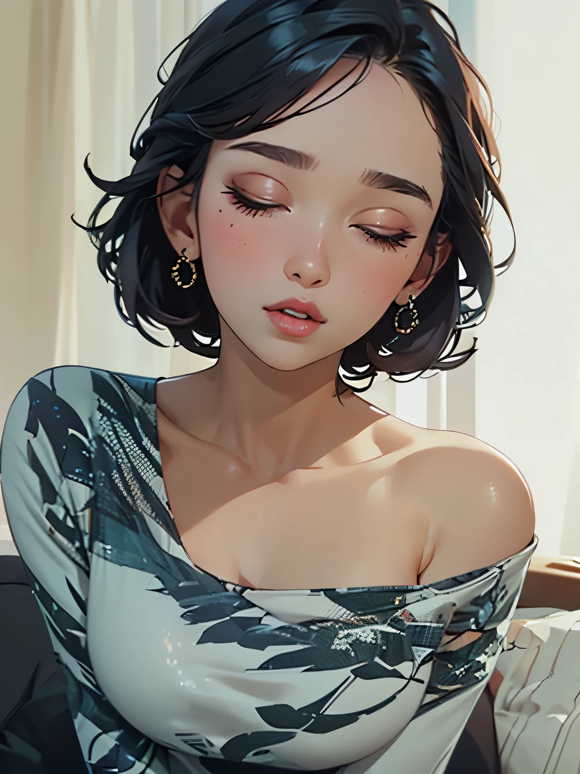 Amazing portrait of a woman who is 30 years old and an adult and a sexy woman wearing an off shoulder oversized t shirt during night time with soft lighting showcasing her lips and her beautiful face in detail and close up lying down on bed