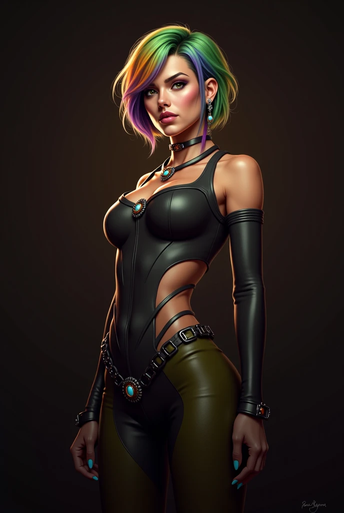 (((of the highest quality: 1.4))),(unparalleled masterpiece ever), (Ultra high definition),(Ultra-realistic 8K CG, camera view from behind), offcial art、 (((adult nude body, accentuated super huge enormously gigantic , cleavage showing, leather corset lace panties and thigh high boots with lots of straps buckles and zippers))), (((1girl in))), ((( Bob Shorthair ))), Punk girl with a perfect body,Beautiful and well-groomed face,Fancy makeup, (Image from head to thigh),((neon green Bob Shorthair )), Simon Bisley's urban savage style luxurious bedroom,Detailed background of luxurious bedroom,Clean abs, Complex graphics, dark pink with white stars and gray and white stripeany poisonous tattoos )), piercings. stands on the floor