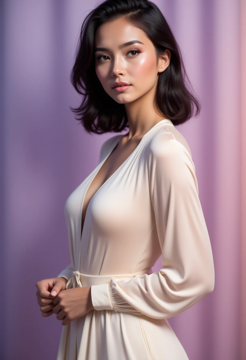 Fashion model photography, purple blouse, lotus pattern, medium shot, necklace, minimalist background, texture, light