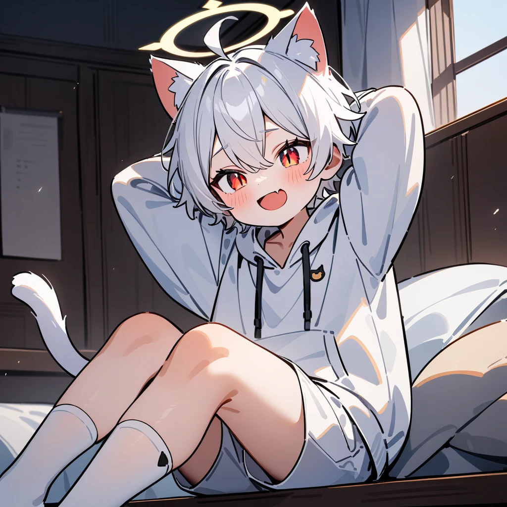 （masterpiece：1.2，high quality），8K，High resolution，A seven-year-old boy，cute boy，white hair，short hair，yellow eyes，one eye closed，heart ahoge，cat ears，Halo，laughing，open mouth，fang out，Sitting on the sofa，White bathrobe，（ orange panties:1.6），(light orange short socks：1.6），primary school student，thigh，alone