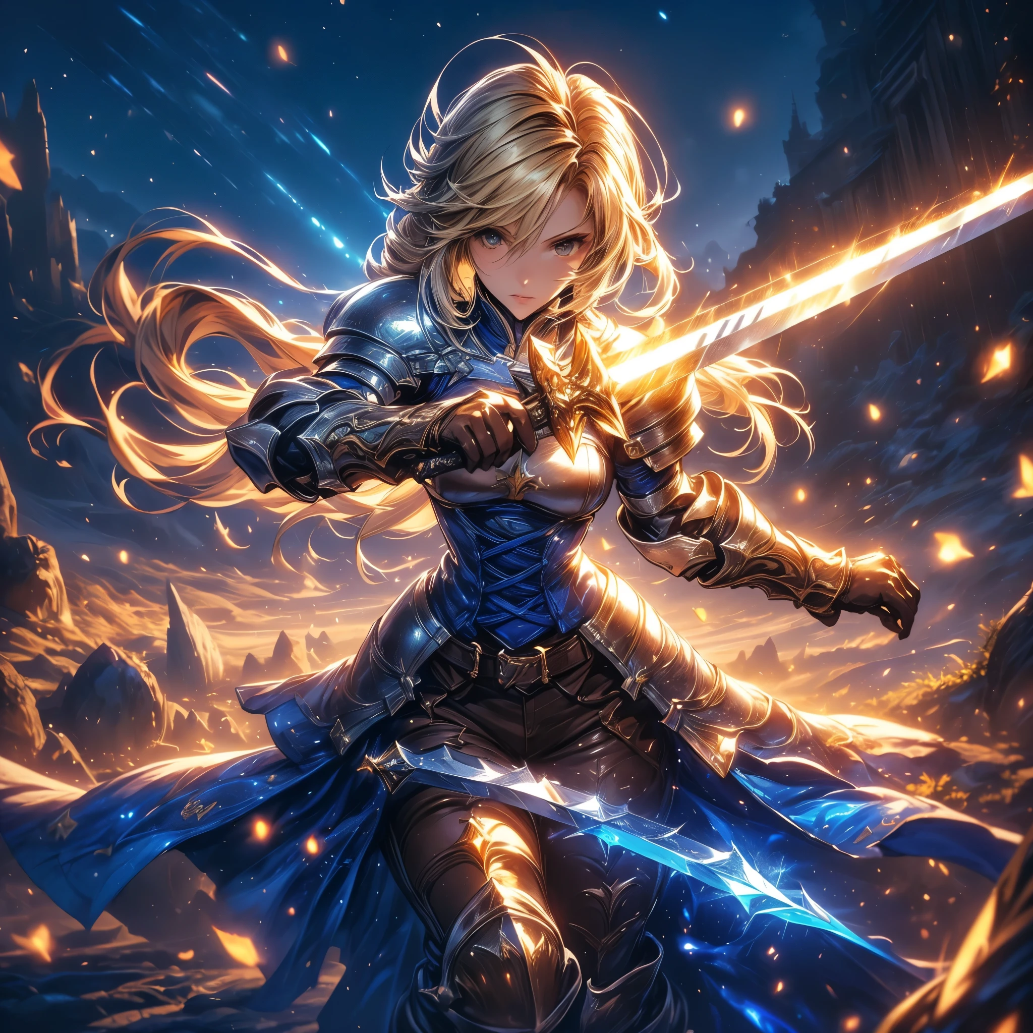 (Agrias Oaks\(Final Fantasy Tactics\) , score_9 , score_8_Excellent , score_7_Excellent , 32K , detailed description 、 A Girl Holding a Sword Destroys , Luxurious Sword , blonde hair , Braided Ponytail , brown eyes , shoulder armor , armor , corset before dildos insertion , (brown pants:1 . 3) , Knee pads , blue dress , brown gloves , pants , Cross Race Boots , Big Breasts , combat posture , dynamic angle , (\(Become , European Sword , , glows blue\):1 . 4)\) , (Holding a straight sword , a blue aura shining from her whole body) , Picture of a Female Paladin , Destruction of animated fantasy art , background\ long hit , dynamic angle , There's a giant crystal on the ground , 青い月と星のbackground , night sky , (alone:1 . 6 )(top quality)) , (Ultra High Definition) , (Super Detail)