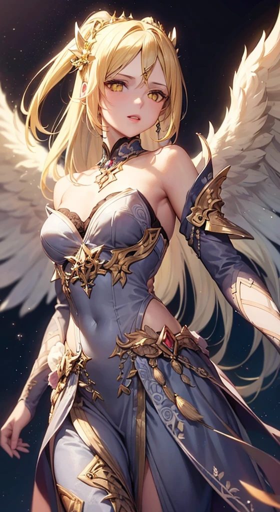 Qian Renxue, Young woman, deityธิดา, six wings, Golden wings, angel wings, long blonde hair, open forehead, crown forehead jewelry, crown on back of head, The eyes are detailed., light blue eyes, big breasts, golden chest armor, silver forearm armor, ดาบdeityสีทอง ยืน, Perfect Body, Beautiful thighs,solid frontal armor, high-heels, deityนิยาย, deity, realistically