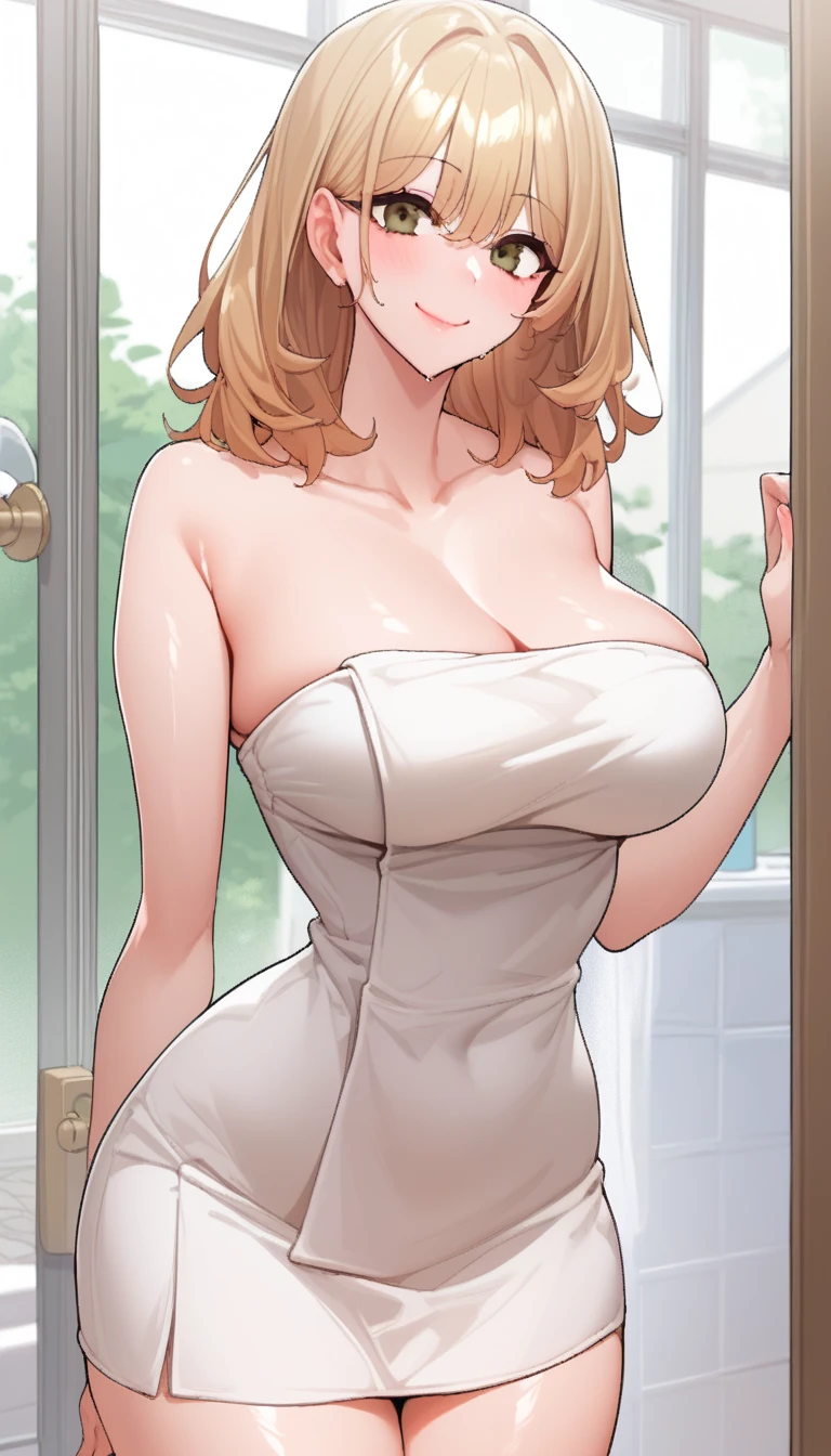 Jang Min-young ( WRECK MY BIAS ), 1girl, mature female, brown hair, best quality, masterpiece, ultra-detailed, high quality, Beautiful, beautiful face, smile, open mouth, looking at viewer, silver maxi dress, see through, large breasts, cleavage, large ass, curvy body, POV, close shot, from the front, full body, standing, leaning forward, in home, open the door