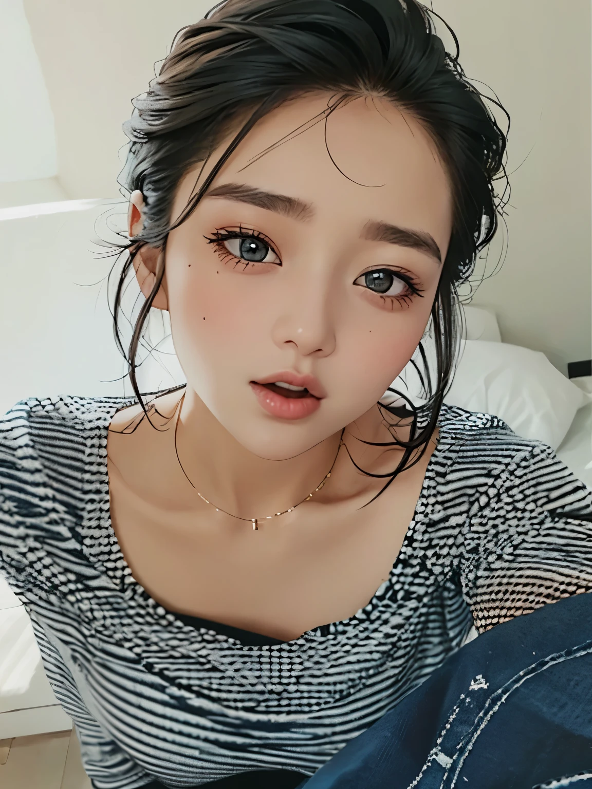 Amazing portrait of a woman who is 30 years old and an adult and a sexy woman wearing an off shoulder oversized t shirt during night time with soft lighting showcasing her lips and her beautiful face in detail and close up lying down on bed
