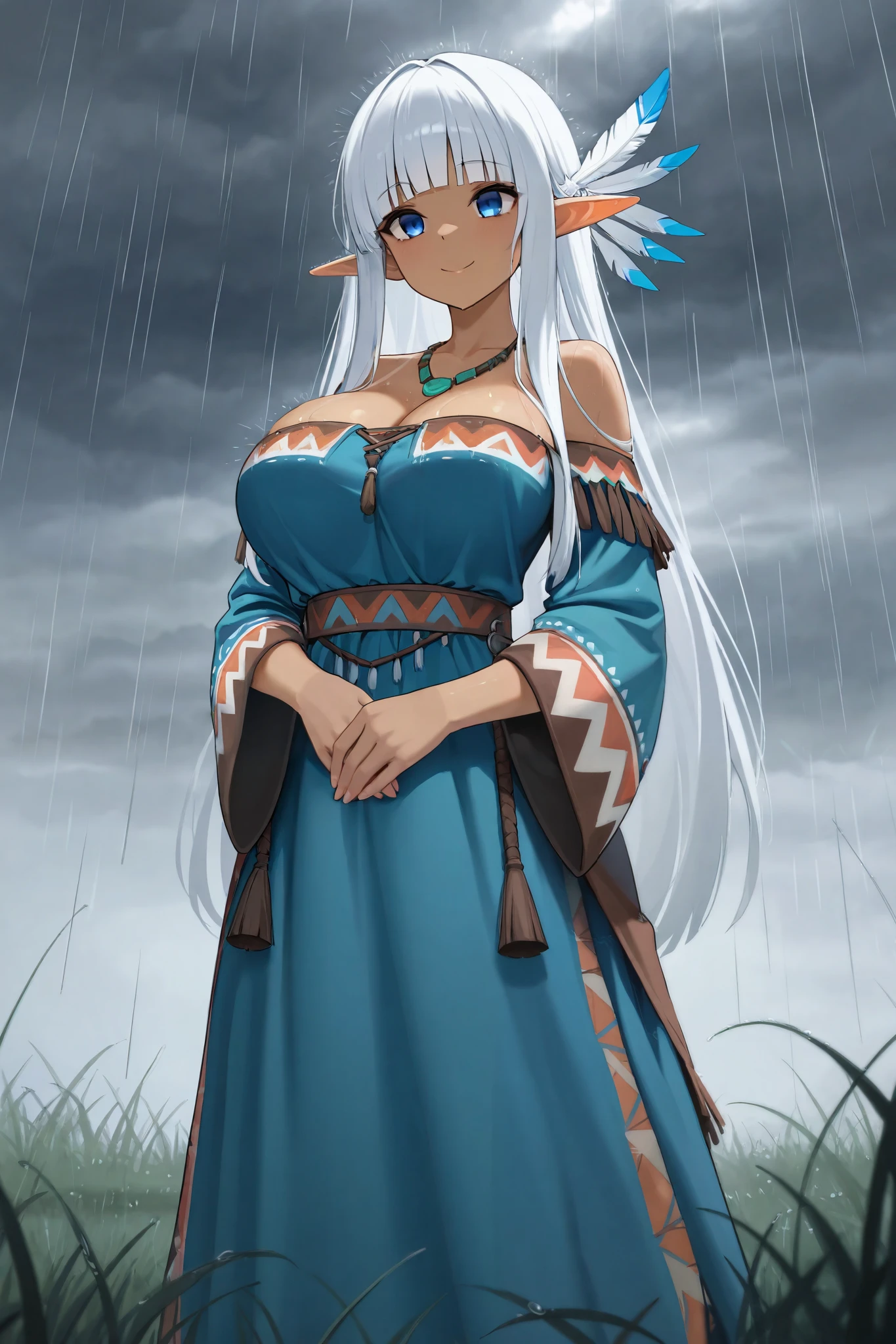 absurdres, (((HD))), (((Ultra High Quality))), ((hyper detailed)), ((detailed eyes)), (((8K))), ((perfect face)), ((masterpiece)), 1girl, smile, blue eyes, elf, tan skin, white hair, long hair, blunt bangs, large breasts, cleavage, native american dress, tassels, feathers, blue dress, beads, necklace, wide sleeves, long skirt, standing, grassland background, windy, windy weather, raining, heavy rain, cloudy, foggy, thunderstorm, storming