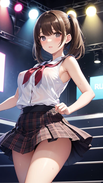nsfw,(((perfect anatomy:1.5,realistic:1.4,RAW Photography:1.4,masterpiece、highest quality、Ultra - High resolution、High resolution、Highly detailed CG、8K))),cowboy shot,1 female,solo,HIP HOP dancer,18-year-old、High school girl beautiful girl,Japanese,((beautiful detailed face and eyes:1.5,big gorgeous eyes:1.5,gray eyes)),dark brown hair,short bob hair,bangs,medium breasts,slender body,small head:1.3,skinny,(oily skin,gleaming skin,shiny skin)、((sweat:1.5)),((black collar、white cropped t-shirt、navel、Pleated black mini skirt、white panties))、camel toe,((love juice:1.5)),standing,spread legs:1.5,((stage、In front of an audience))、Harajuku、Tokyo、