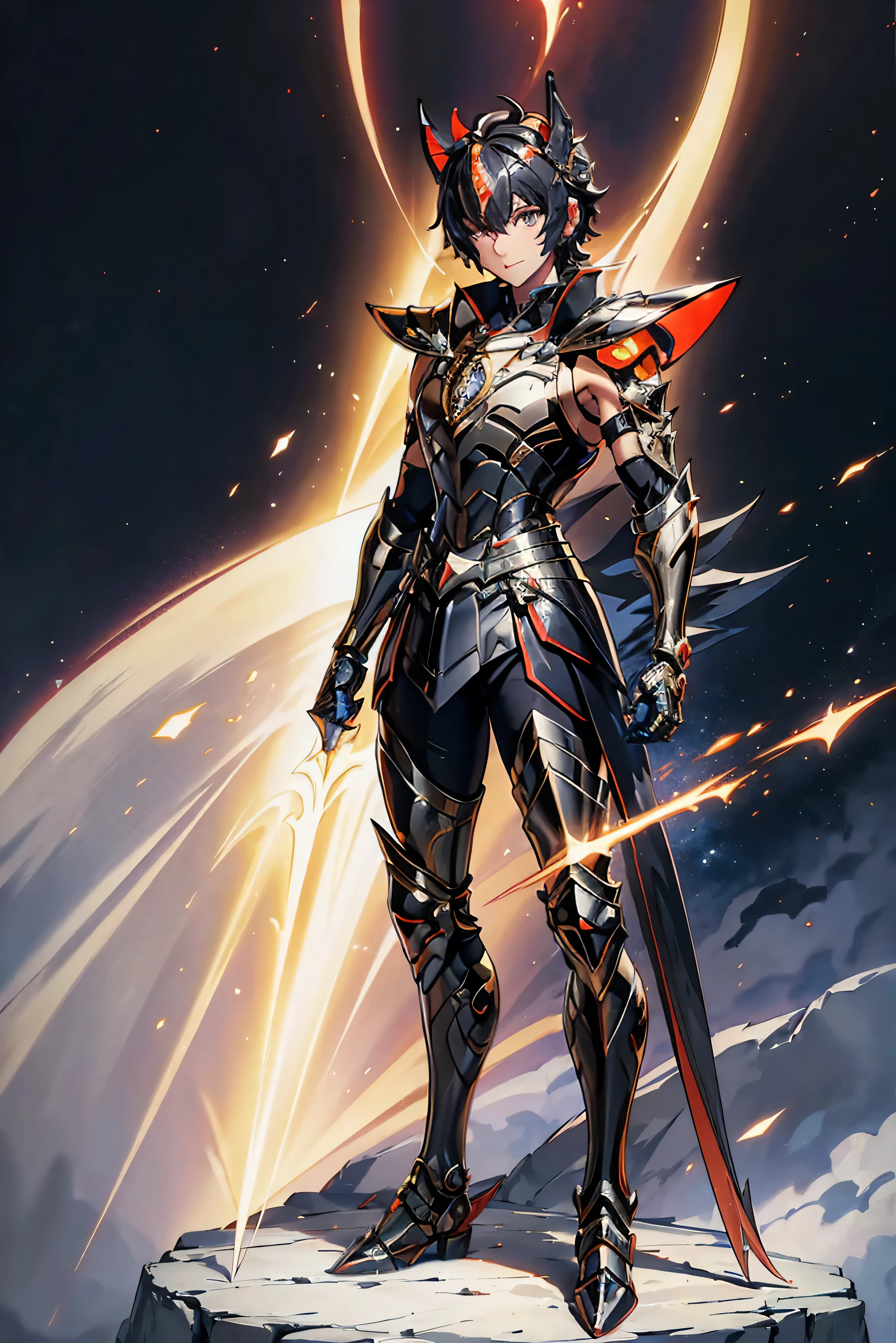 It’s a man. The image presents a dark, futuristic armor designed for Ken Kaneki, blending sleek tactical elements with a predatory appearance. The armor reflects his duality as both human and ghoul. Helmet: The helmet is sleek black with sharp lines. A glowing red eye slit pierces through the visor, and the mouthpiece mimics Kaneki's ghoul mask, with jagged teeth adding a monstrous touch. Mantle Plates (Shoulder Guards): The shoulder guards are close to the chest, curving toward the shoulders in a streamlined fashion. They feature black metallic surfaces with crimson veins, hinting at Kaneki’s ghoul power. Chest Plate: The segmented chest plate has angular lines in black and red. A faint red glow emanates from the center, symbolizing his transformation. The design is protective and savage, mirroring his internal conflict. Arm Guards: The arm guards are sleek, with articulated segments for flexibility. The gauntlets have claw-like extensions, giving them a predatory feel, as if part of Kaneki’s kagune. Leg Armor: The legs are armored with black plates streaked with red veins. The boots are sharp and angular, built for speed and agility, reinforcing Kaneki’s deadly precision. High Collar: A high collar rises from the back and sides, tightly encircling the neck. It integrates with the mantle plates, enhancing the armor’s menacing look. Background: Set against a dark, foggy backdrop, with Tokyo’s skyline faintly visible. Red lighting emphasizes key features, such as the glowing eye slit and chest, reinforcing Kaneki’s ominous, ghoul-like presence.