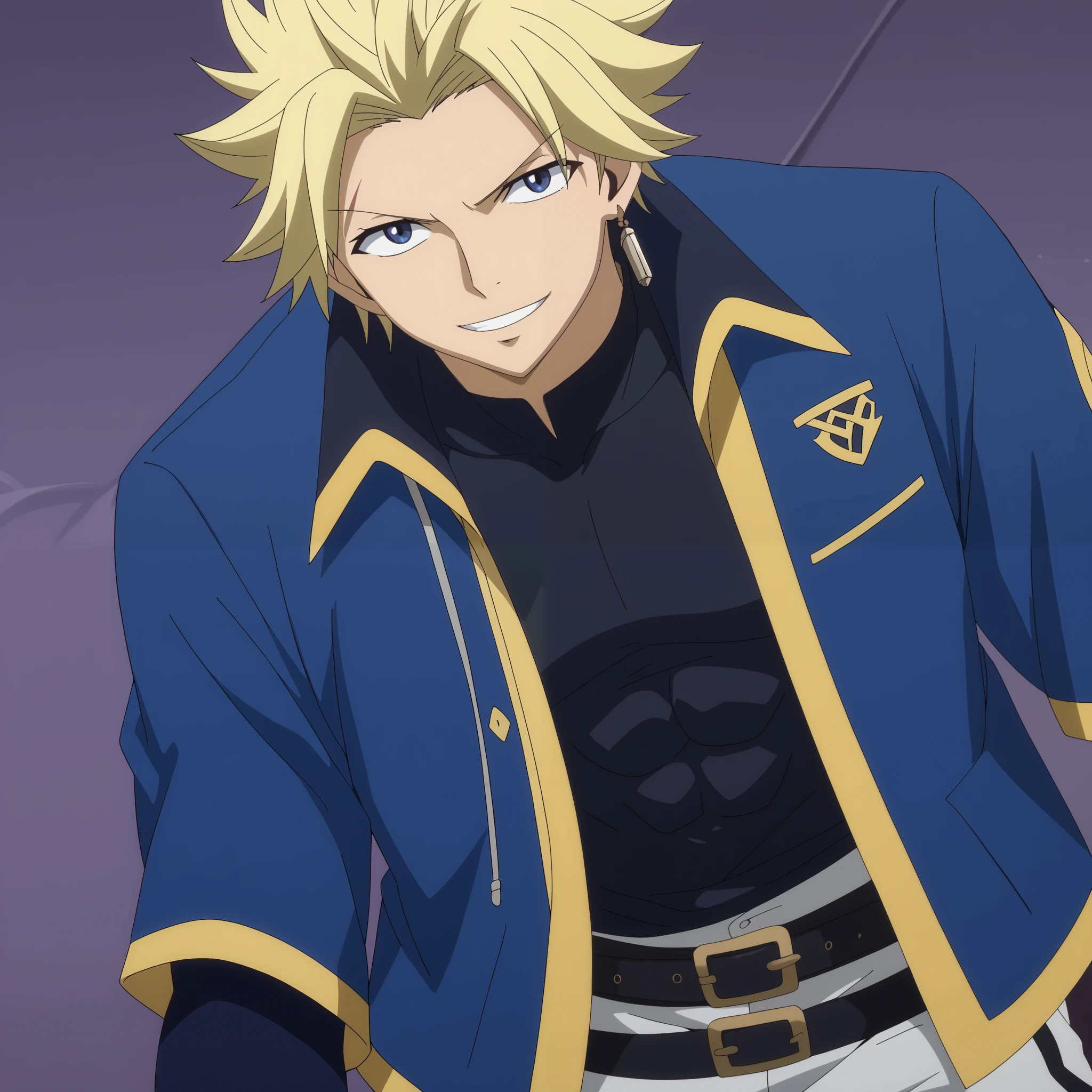 close-up, looking at viewer, score_9, score_8_up, score_7_up, source_anime, StingFT, Sting blonde hair, light yellow Sting, 1boy, male focus, anime screencap, a blue men's jacket with black details, which fits his athletic figure. Underneath, he wears a black long sleeved T-shirt. His pants are dark and tight fitting, and he completes the look with white fingerless gloves that add a modern touch. He also usually wears a belt with a decorative buckle. Official style, smile, happy
