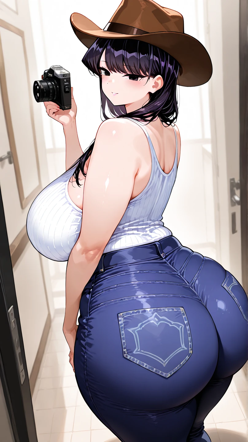 (masterpiece:1.2, best quality), realistic, (real picture, intricate details, depth of field), (1girl, solo), ass focus, make up, parted lips, highly-detailed, gorgeous perfect face, (huge breasts:1.4), (skindentation), average waist, tall, Luscious lips, (Voluminous Brunette hairs), beautiful hazel-blue eyes, sexy, blushing, (ass focus) Voluptuous, Curvy, (Seductive dynamic pose) (Hanging breasts), (Deep Cleavage) ass focus, booty shorts, t-shirt