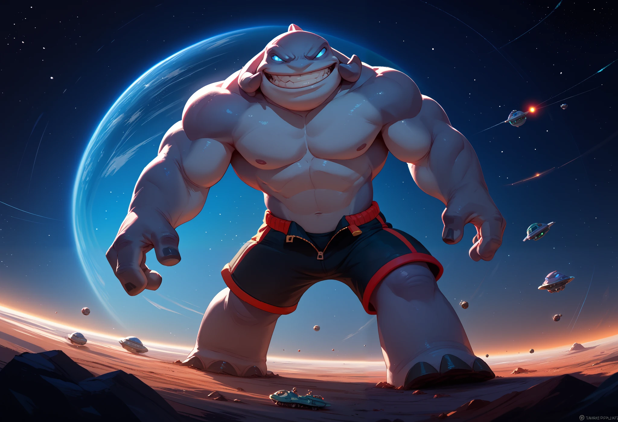 score_9, score_8_up, score_7_up, score_6_up, full body, Gantu, macro on a miniscule planet, in space, extra glowing eyes, evil grin, topless, unzipped combat shorts, stomping hard