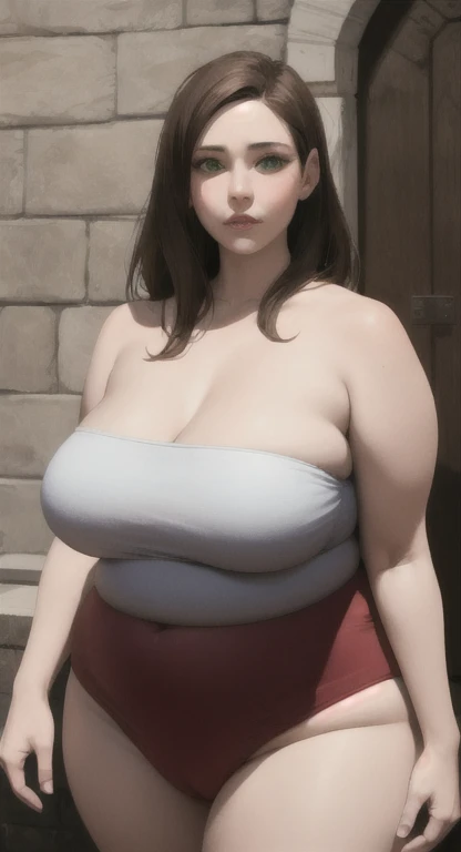 Pregnant woman with very large breasts and a very daring neckline where her breasts almost come out