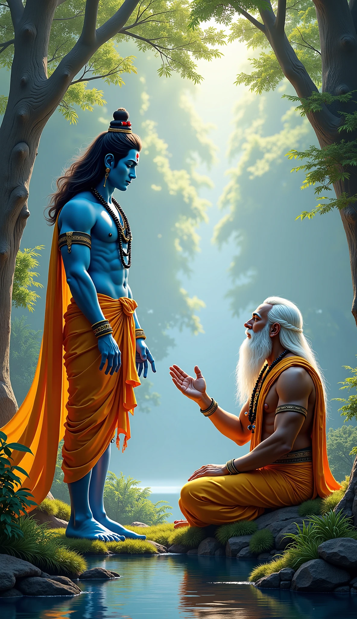 क्रोध में आकर भृगु ऋषि(age around 55) बैकुंठ धाम पर विश्राम करते हुऐ भगवान विष्णु (नीला उनका स्किन टोन है) के छाती पर लाथ मारे generate image
