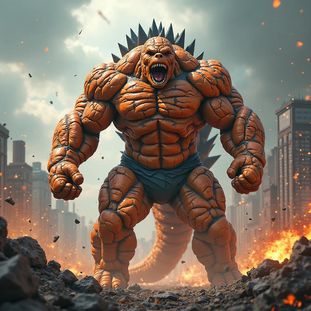 "Create an electrifying HD wallpaper that depicts an intense battle between Zangief and Godzilla. Highlight the immense strength and determination of Zangief as he prepares to grapple with the towering, ferocious Godzilla. Zangief, with his muscular physique and iconic red wrestling gear, should be mid-motion, about to execute a powerful wrestling move. Godzilla, colossal and menacing, should be roaring, with his atomic breath charging up, ready to strike. The backdrop should be a city in ruins, with debris flying and buildings crumbling, emphasizing the epic scale of their clash. Use vibrant colors, dramatic lighting, and detailed textures to bring this action-packed scene to life, capturing the sheer intensity and chaos of their encounter."