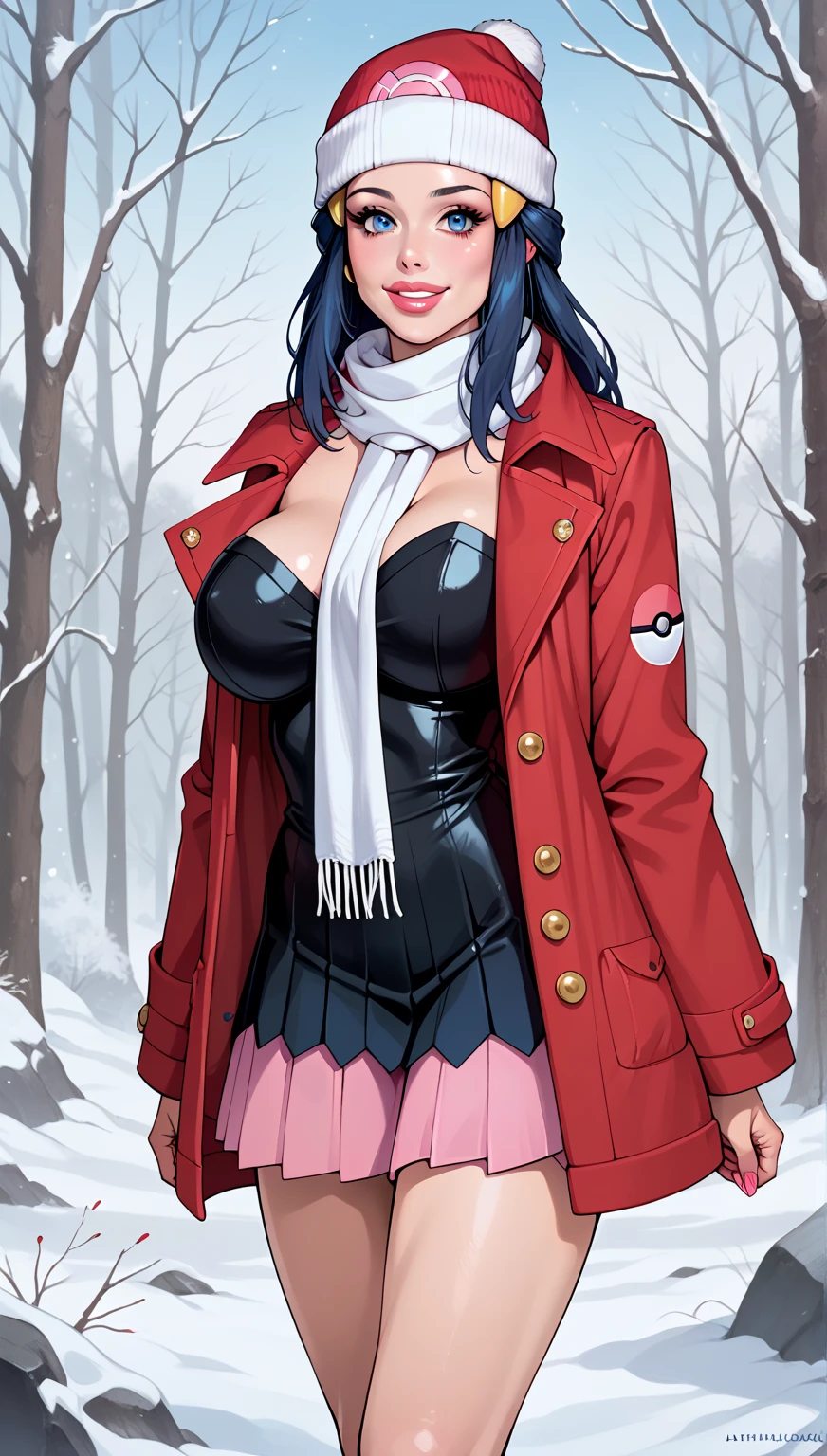 1girl, bare_tree, blurry, blurry_background, blurry_foreground, branch, breasts, bush, cape, christmas_tree, cleavage, cloak, dappled_sunlight, day, depth_of_field, forest, grass, hood, hood_up, large_breasts, lips, looking_at_viewer, motion_blur, nature, navel, outdoors, photo_\(medium\), solo, tree, upper_body, pastel_colors <lora:CuteSexyRobutts-56:0.85>