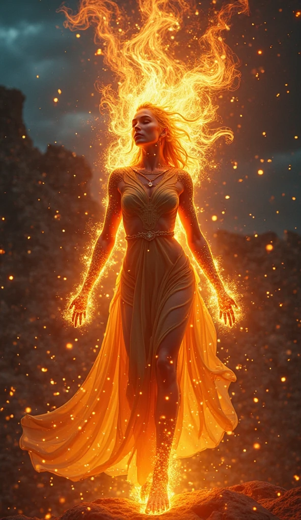 ( Michael Shapcott, Marc Simonetti), wild fire, full body shot front view, eyes locked with the viewers, a golden ultra beautiful woman exudeing a soft aura against a harsh dark background, glowing eyes, musical notes, bioluminescent glow, magical halo effect, intricately and highly detailed masterpiece, dynamic light and composition, golden ratio, heavy brushstrokes,