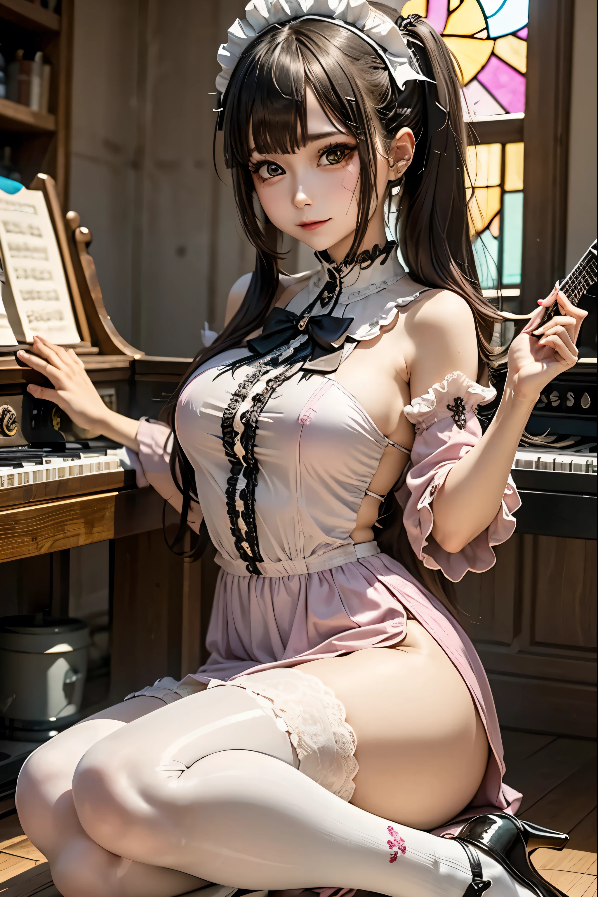 hard dark gothic makeup、Dark black eyeshadow、 sad、Good skin radiance、 dark gothic 、 dark smile 、palace、The beauty of fragrance、24 years old、thigh high socks、knee-high socks、黒いknee-high socks、pantyhose、 My wet feet are shiny from sweat 、 My feet have a lot of glitter、My thighs shine with a lot of sweat 、My face is sweaty and shines brightly、 my face shines with lots of glitter、 the expression of masturbation、 play a synthesizer 、The synthesizer shines、 My pot is shining with sweat 、 touching the synthesizer 、Playing a keyboard instrument、Synthesizer performance、Sit on a piano chair、Extremely fair skin、 rich expression of pleasure 、uncomfortable expression、 dark gothic 、top quality、 drunk face 、purple maid outfit、mysterious、Noble、 affectionate smile 、Right eye is blue、Left eye is red、 super careful pose 、Platform heel shoes、heavy makeup、Gothic Clothing、Long Hair Straight Hair、Cute Gothic Dresses、beautiful face、Elegant features、charming face、Stained Glass Background、Chest glistening with sweat、The room is dark、goth long dress、Bell Sleeves、Wizard Sleeve、Decadent look、sexually aroused expression、 handmade on the bed 、 I have a synthesizer instrument nearby 、 sitting on the bed 、sad expression、Rose Maiden、The embroidery is pink、 The dress has pink embroidery、thigh high socks、knee-high socks、gentle expression、dark black eyeshadow、Stained glass and rose background、A little lonely、Female Duo、Female couple、 dark church background 、stained glass、 Black Metal World 、Dark Castle 、Slender Body、gothic long dress、 Victorian Dress、small breasts、 room full of roses 、 I'm worried because of roses 、My dress has pink embroidery、I am sweating、 My feet are sticky from sweating 、My feet are sweaty 、My whole body is sweaty and shiny、I've sweated a lot 、My feet are sweaty 、 A pig that got wet with oil and became shiny 、 white body 、 wet shiny pig water 、beautiful legs、Outstretched legs、Put your hands on the bed、Super beautiful straight hair、Straight hair to the ends、Straight perm hair、has small breasts、panting expression、 masturbation expression 、 transcendental white skin 、Playing keyboard instruments、Piano performance、