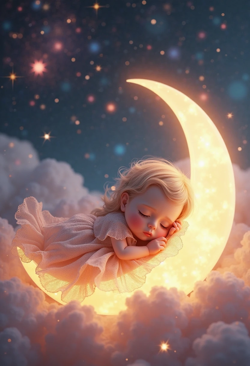 There is a girl who is lying on a moon, dream night, dream illustration, lindo arte digital detallado, noche tranquila. Digital Illustration, lindo arte digital, adorable pintura digital, dream digital painting, dream art, cyril rolando and goro fujita, Inspirado por Cirilo Rolando, a beautiful art illustration, by Jeremiah Ketner
