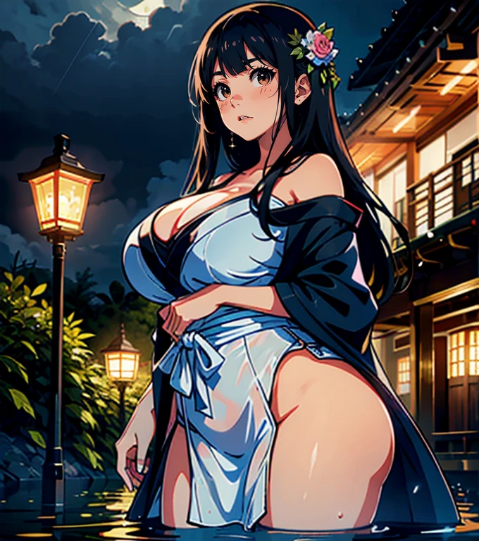 (masterpiece), (best quality), (4k resolution), (anatomy; perfect), 1 adult girl, fair skin, red eyes, (big black hair), (locks, bangs), loose hair, (light effects in hair), eyebrow, nose, ear, tight mouth, smile, (New Year's outfit), white clothes, (big chest), (perfect belly), (perfect waist), thick legs thick thigh, standing, scenery background, in the park, new year, beautiful night, night lighting, looking at viewer