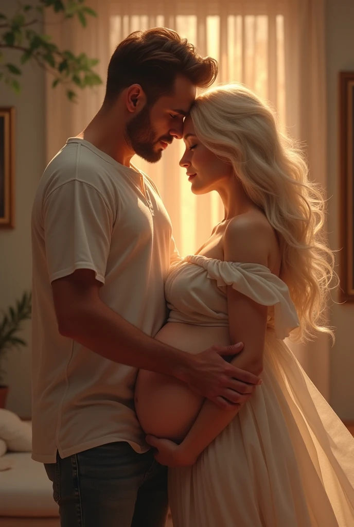 Make a trans man who is about to get pregnant. Your homosexual partner must be present in the image.