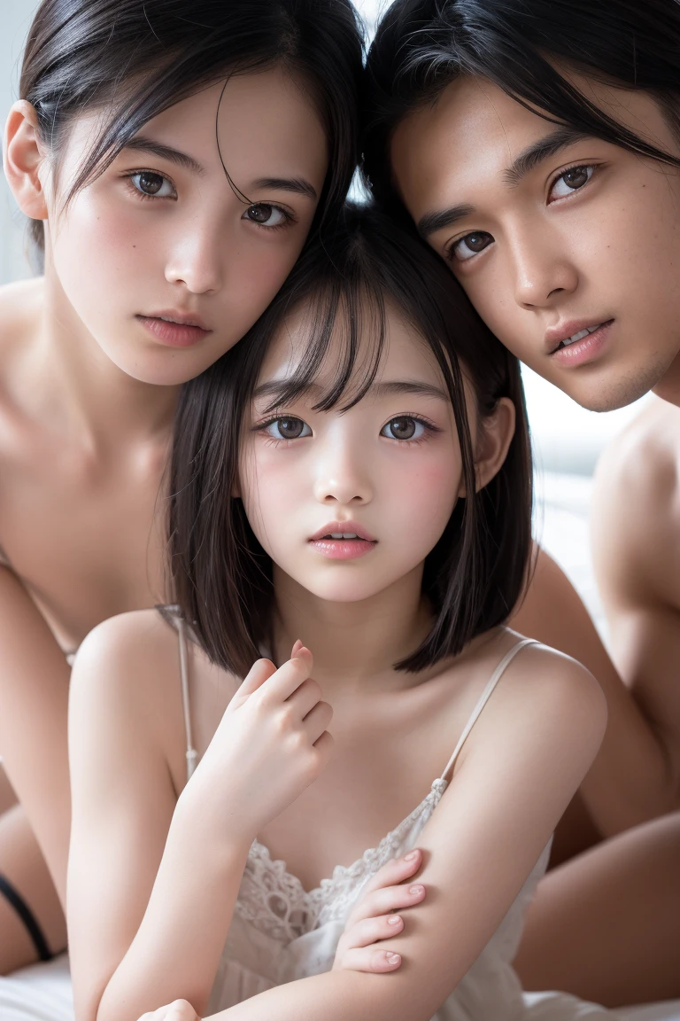 (naked:1.0),(A photo that will delight lolicons:1.0),(3 males、6  girl 1,6-year-oldl surnded by 3 men:1.5),(Girl is 6 years old,low lcateな体,Small body:1.2),(Grandfather and granddaughter photo:1.1),(Children and adults photos,multiple,There are many men),((Three male politicians aged 55、Posing with a small-breasted 6-year-old girl.)),(Girl p on afours:1.5),(A man grabs a girl's chest,Touching the body,Hug,One-sided embrace),(smile,The girl has a look of pleasure:1.7),(The girl has double eyelids,Droopy eyes,Black Hair,Shortcuts,No makeup,Small face,nature,low length,delicate,,Slender body,thin,A slight swelling of the chest,belly button,thin脚,length, thin脚),Girl surrounded by three guys,On the bed,indoor,prostitution,Human trafficking,Girls are used as toys by men,((Love Hotel,Hotel Rooms,Love Hotel寝室,A room with a lewd atmosphere,A room full of men,A room full of men,A room full of men:1.0)),Night Time,(Overall view:1.5),