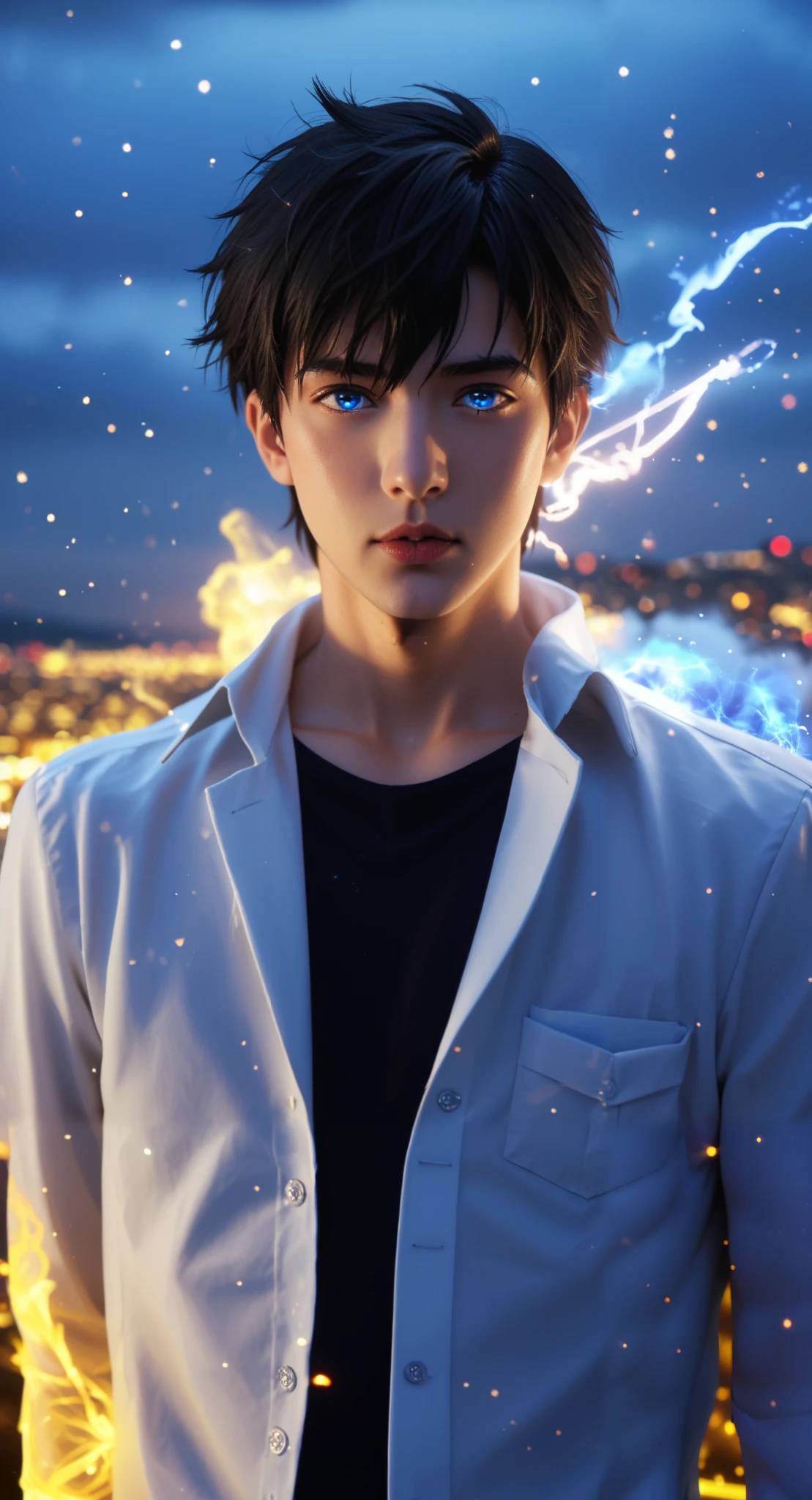 ((Hyper-realistic, cinematic fantasy portrait)) of a young Korean man with sharp, well-defined facial features, an intense gaze, and slightly parted lips. His piercing glowing blue eyes emit a faint ethereal energy, with streaks of light subtly coursing through his skin. His jet-black hair is windswept, reflecting a faint blue glow from the supernatural energy surrounding him. He wears a sleek, unbuttoned black dress shirt, revealing a hint of his collarbone, exuding confidence and mystery. Behind him, a colossal shadowy creature with glowing blue eyes emerges from the darkness, its demonic form barely visible, blending into the swirling black mist. Embers and blue energy sparks float through the air, enhancing the dark fantasy atmosphere. Dramatic chiaroscuro lighting, strong backlighting accentuating his silhouette, with volumetric shadows and cinematic depth. [Sony A7R IV + 85mm f/1.4 G Master], [8K UHD], [(RAW photo)], [HDR], [cinematic composition], profile shot, rule of thirds, ((high detail, ultra-sharp textures, realistic skin pores, dynamic lighting effects, supernatural energy particles, photorealistic rendering)). --ar 16:9 --v 6 --style raw --q 2 --stylize 750