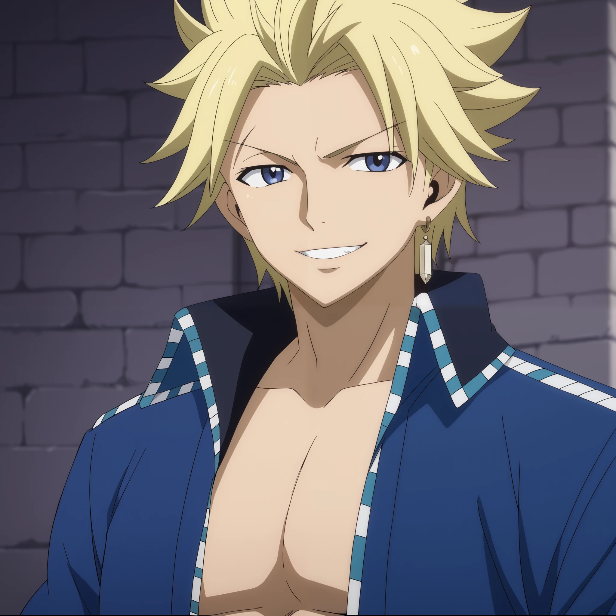 close-up, looking at viewer, score_9, score_8_up, score_7_up, source_anime, StingFT, Sting blonde hair, light yellow Sting, 1boy, male focus, anime screencap, a blue men's jacket with black details, which fits his athletic figure. Underneath, he wears a black long sleeved T-shirt. His pants are dark and tight fitting, and he completes the look with white fingerless gloves that add a modern touch. He also usually wears a belt with a decorative buckle. Official style, smile, happy