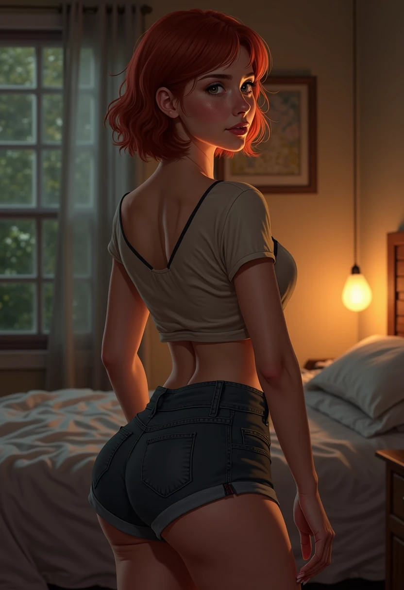 (whole body:1.5),octane rendering, 8K, best quality, masterpiece, backlit scene, midnight, single light,illustration, extremely delicate and beautiful, detailed,extremely detailed,CG,Unite,wallpaper,Astonishing, fine details, realistic art: 1.2 ,masterpiece, best quality, official art, extremely detailed CG Unite 8K wallpaper,1 girl, , showing her ass, gracefully stretching, on a rooftop, facing away, looking back over shoulder , wearing cut off jean shorts and a tiny t-shirt, at night, skinny body, shocked facial expression,, wide open eyes, green eyes, orange hair, widows peak, pretty symetrical face, shiny wet skin, white skin, lots of freckles, pale complexion, thin waist, narrow hips, long legs, skinny body, small breasts, , Realistic photos, (hiqcgbody) ,perfect female figure,