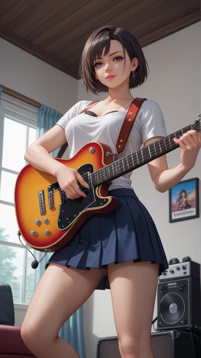 ((highest quality)),(ultra high resolution),(Super detailed),(detailed description),((The best CG)),(best work of art),super precision art,amazing drawing art,(Art with precise details:1.5), (high school girl:1.5), Learning to play the guitar on campus after school。Midsummer