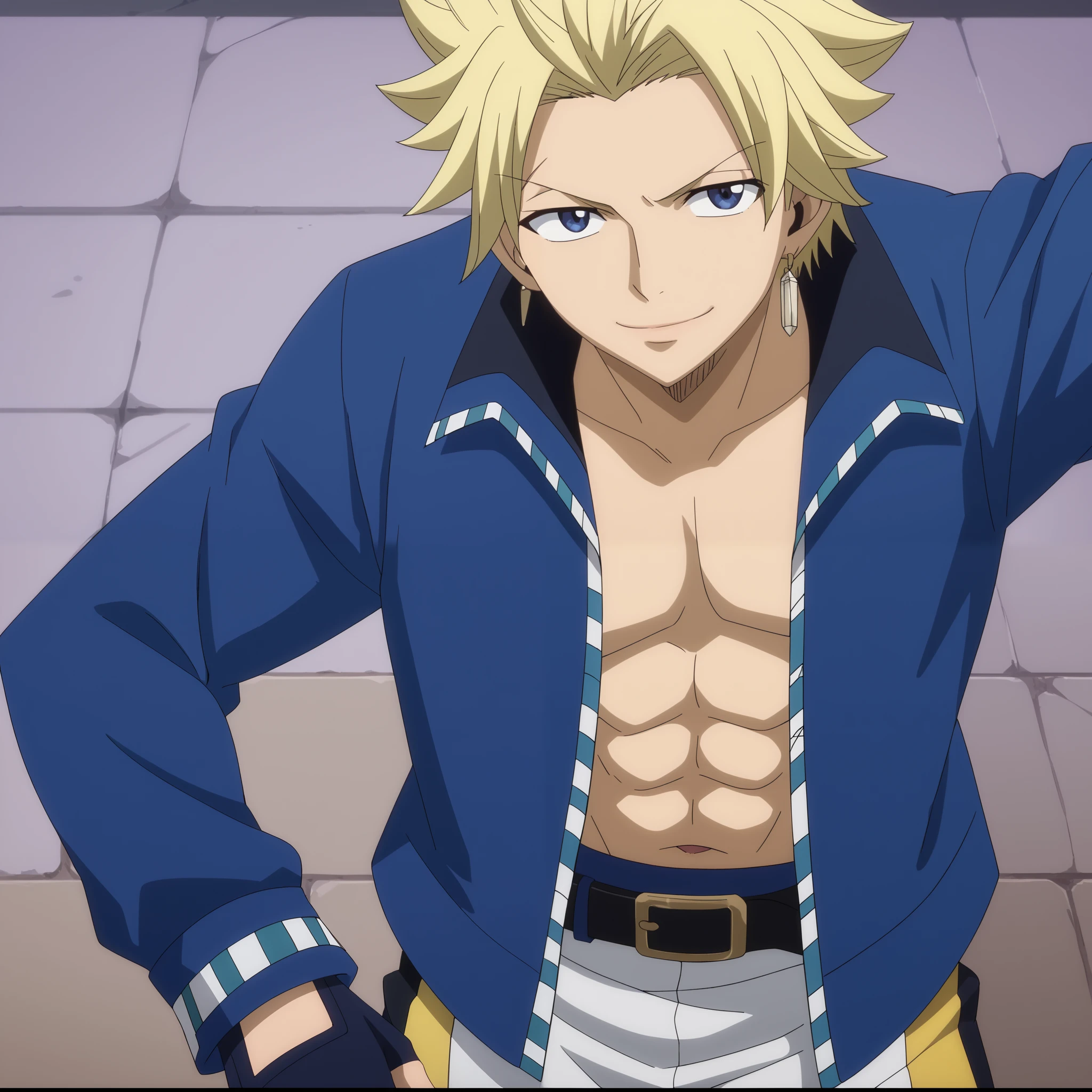 close-up, looking at viewer, score_9, score_8_up, score_7_up, source_anime, StingFT, Sting blonde hair, light yellow Sting, 1boy, male focus, anime screencap, a blue men's jacket with black details, which fits his athletic figure. Underneath, he wears a black long sleeved T-shirt. His pants are dark and tight fitting, and he completes the look with white fingerless gloves that add a modern touch. He also usually wears a belt with a decorative buckle. Official style, smile, happy, closed mouth