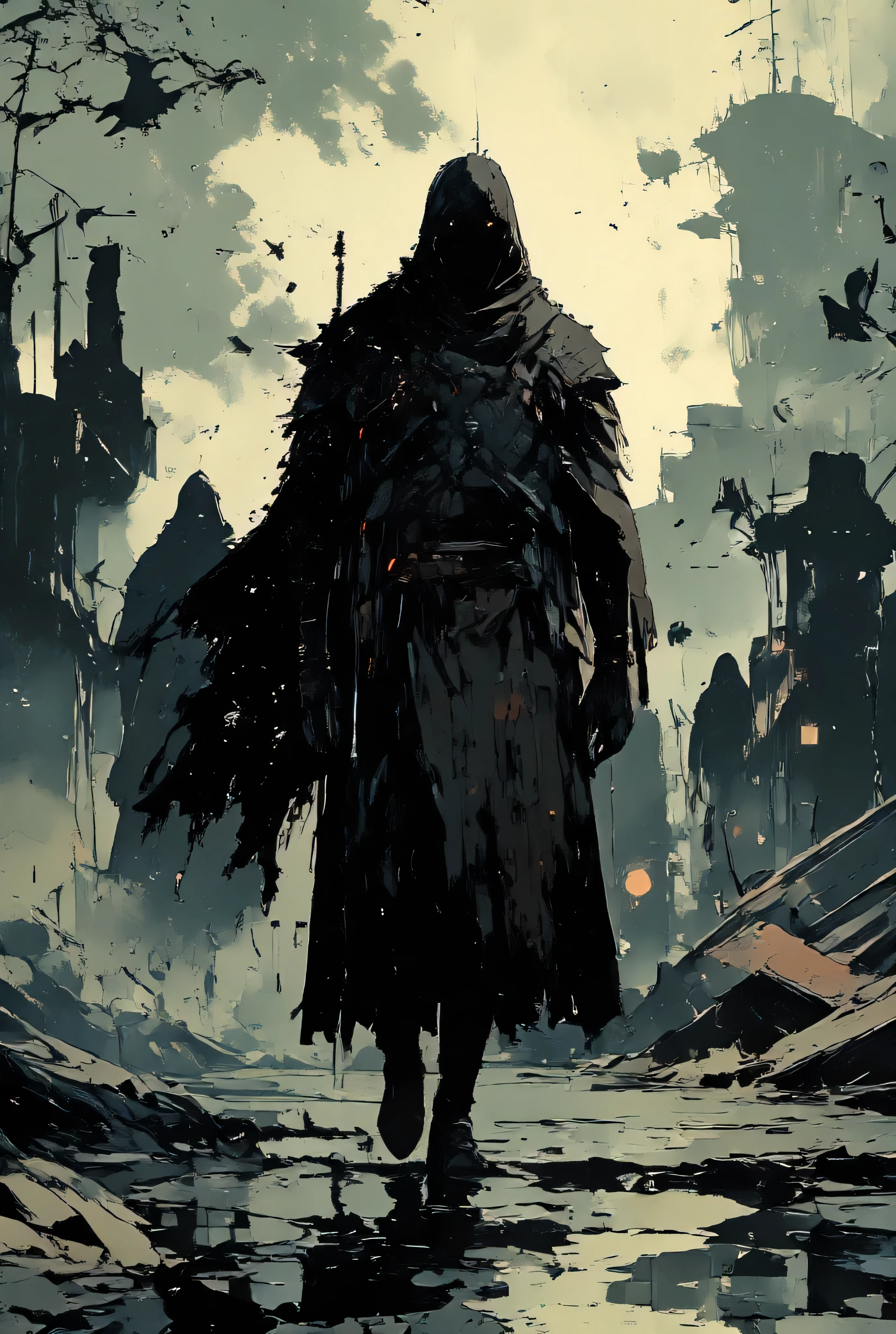 A young prince with sharp, aristocratic features and a cold, unwavering gaze walks ahead of his hooded warriors. His battle-worn armor, dark and engraved with faded symbols, bears the scars of countless fights. A tattered black cloak sways behind him, heavy with mud and dried blood. His sword, slightly curved and well-used, reflects the dim morning light.
Behind him, his warband moves in silence—cloaked figures with obscured faces, their weapons barely visible beneath ragged robes. They are hardened survivors, their presence looming like an approaching storm.
The road is thick with mud, lined with gnarled, leafless trees. Shattered carts and sun-bleached bones litter the path, whispers of past battles. Above, crows perch on abandoned watchtowers, their piercing cries breaking the heavy silence. The mist lingers, curling around the warriors as dawn’s pale light struggles to break through the gloom. The prince does not falter—the road bends to his will."*
Dark fantasy, cinematic realism, ultra-detailed, dramatic lighting, moody atmosphere, medieval setting, high-resolution, masterpiece