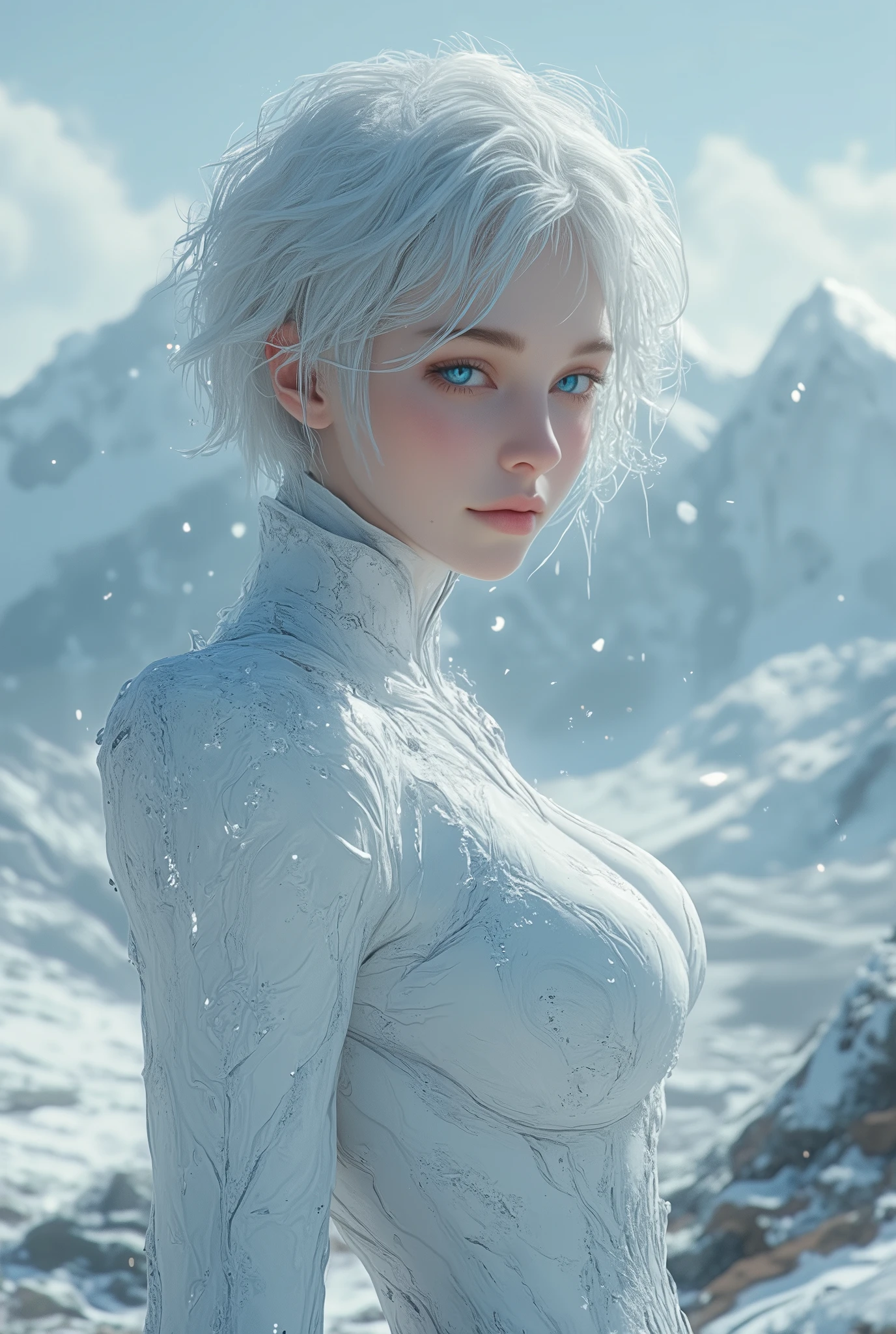 (ultra Realistic) , (illustration), (Enhance resolution), (8k), ( Extremely Detailed), ( detailed face ), Slim Body, in the dark , deep shadow, low profile, pureerosfaceace_v1, Happy smile, Winter, Mountain