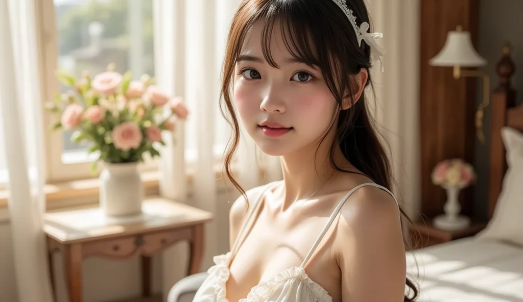 Best-quality, Masterpiece, Ultra-High-Resolution, (Photorealistic:1.4), Raw-Photo, 1girl, 16-years-old, the most famous Japanese idol, ((wearing only white-camisole with cute-design)), sitting on luxurious-bed, looking at viewer, ((innocent smile)), extremely cute face like the most popular Japanese idol, (((extremely beautiful big-black-eyes))), extremely beautiful black-short-cut-haired, extremely beautiful lips, extremely beautiful long-eyelashes, extremely beautiful white-skins, extremely beautiful realistic-skins, ((detailed white-camisole-with-cute-design)), ((detailed luxurious-bed)),