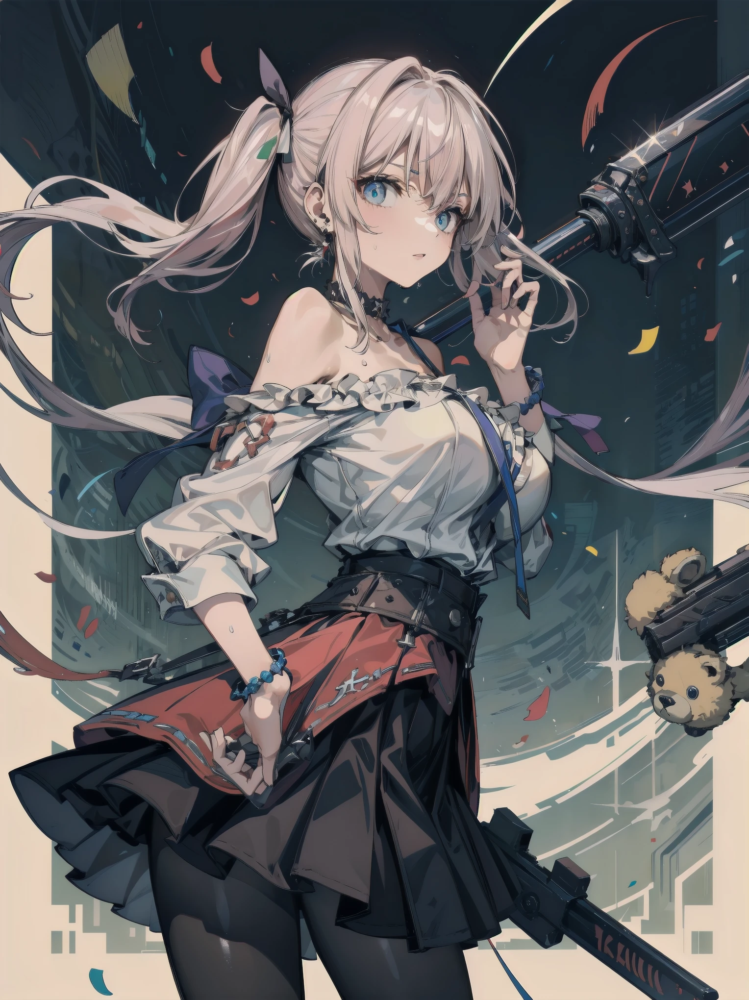 earring, big breasts, medium short hair, black hair, sexy, erotic, seductive, Sensual, adult body, sweat, cowboy shot, jirai_kei, shirt, bow, ribbon, twintails, pantyhose, frills, choker, blunt_bangs, black_skirt, stuffed_toy, stuffed_animal, frilled_skirt, candy, teddy_bear, ((holding a huge weapon)),